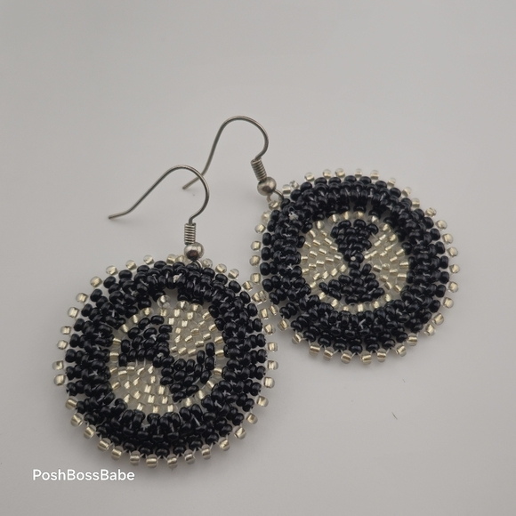 Handmade Black & Silver Beaded Earrings – 1.25" Diameter - Picture 14 of 15